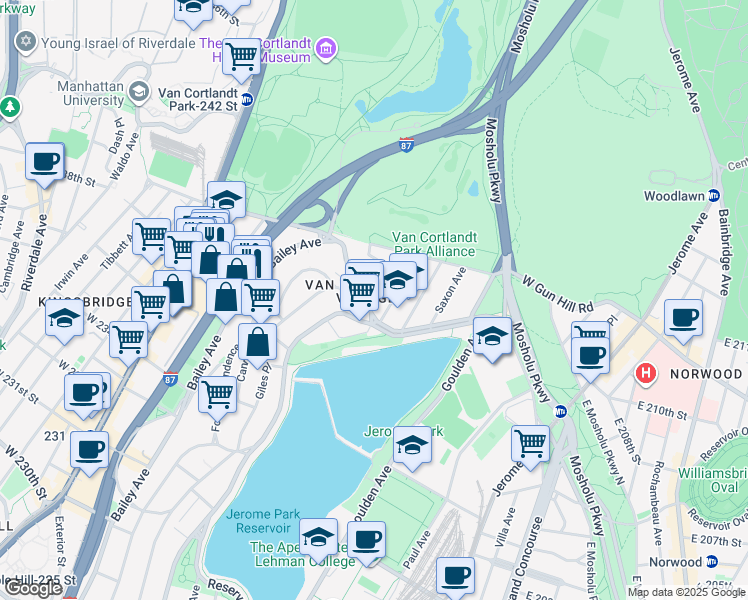 map of restaurants, bars, coffee shops, grocery stores, and more near in Bronx
