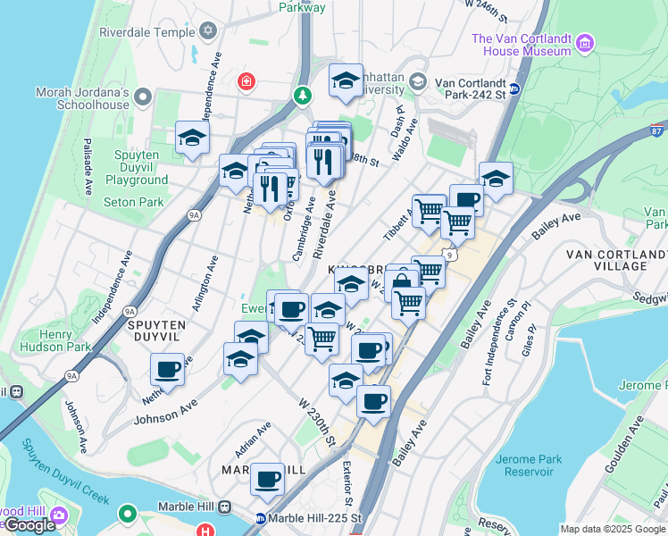 map of restaurants, bars, coffee shops, grocery stores, and more near 3243 Irwin Avenue in Bronx