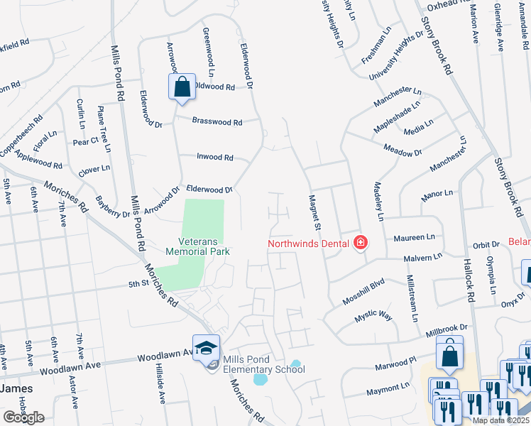 map of restaurants, bars, coffee shops, grocery stores, and more near 214 Elton Court West in St. James