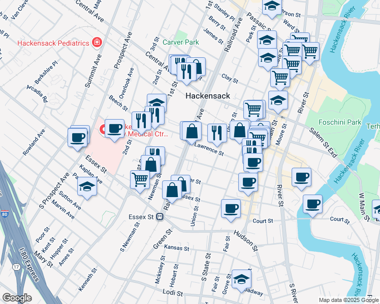 map of restaurants, bars, coffee shops, grocery stores, and more near 146 Lawrence Street in Hackensack
