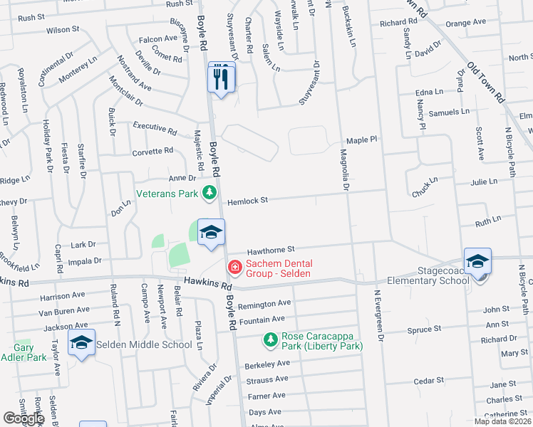 map of restaurants, bars, coffee shops, grocery stores, and more near 74 Hemlock Street in Selden