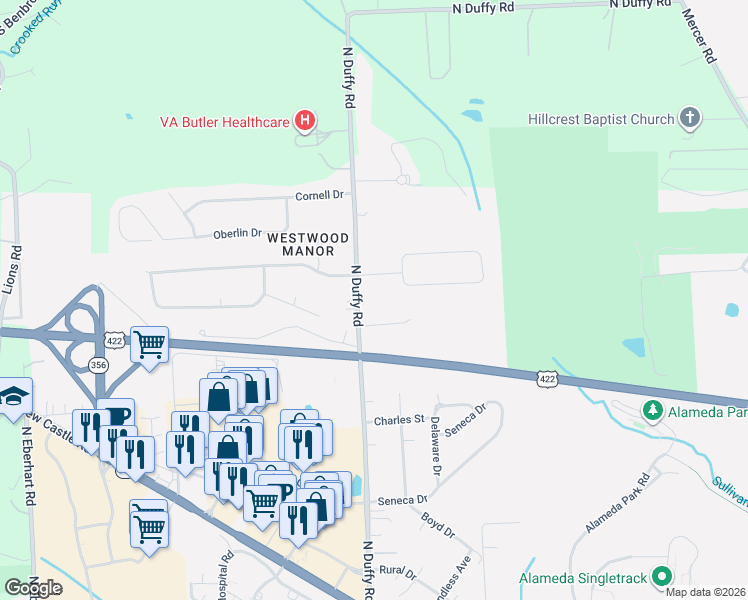 map of restaurants, bars, coffee shops, grocery stores, and more near 300 Westbrook Drive in Butler