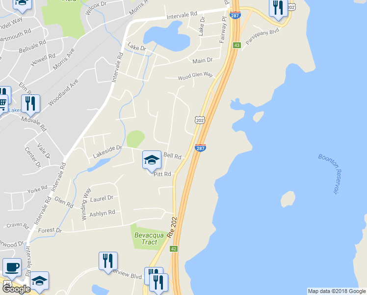 map of restaurants, bars, coffee shops, grocery stores, and more near 498 Parsippany Boulevard in Boonton Township
