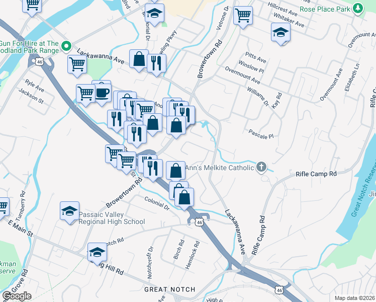 map of restaurants, bars, coffee shops, grocery stores, and more near 22 Wedgewood Drive in Woodland Park