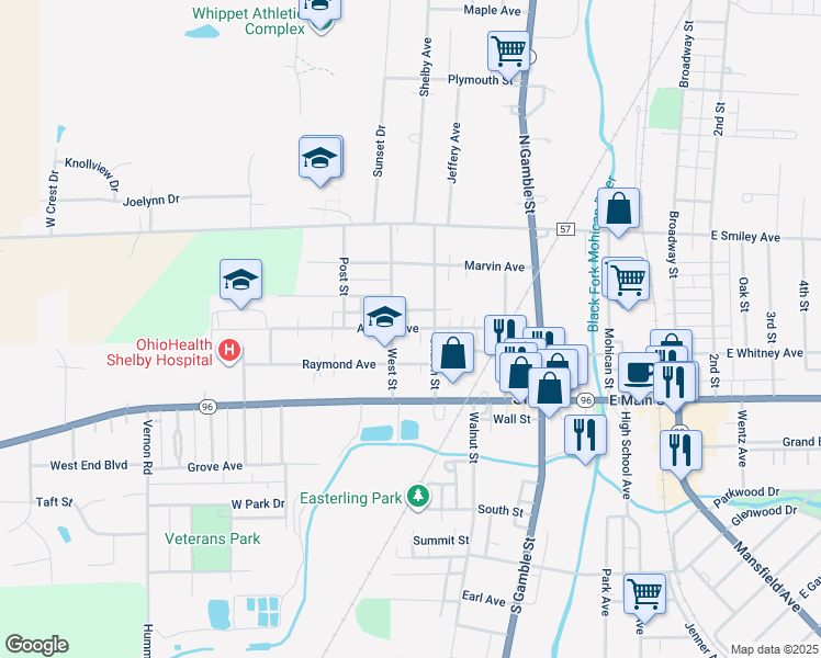 map of restaurants, bars, coffee shops, grocery stores, and more near 40 Sharon Street in Shelby