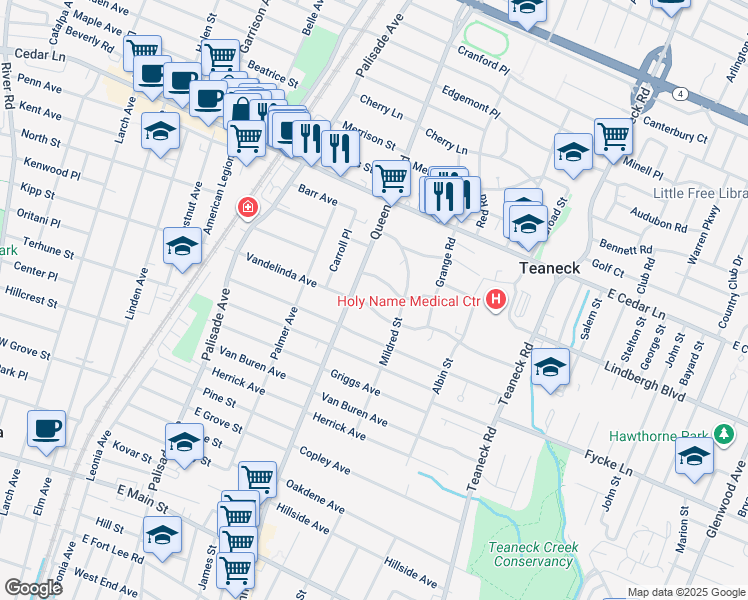 map of restaurants, bars, coffee shops, grocery stores, and more near 711 Queen Anne Road in Teaneck