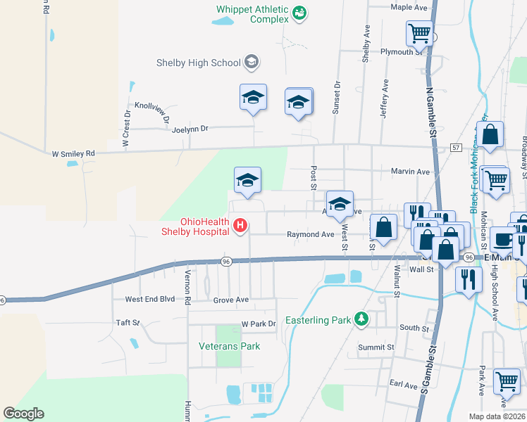 map of restaurants, bars, coffee shops, grocery stores, and more near 109 Auburn Avenue in Shelby