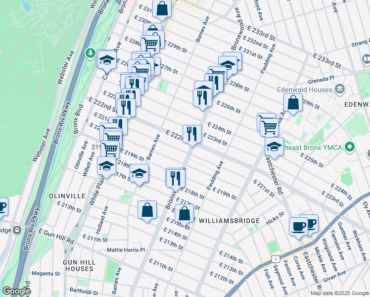 map of restaurants, bars, coffee shops, grocery stores, and more near 863 East 221st Street in Bronx