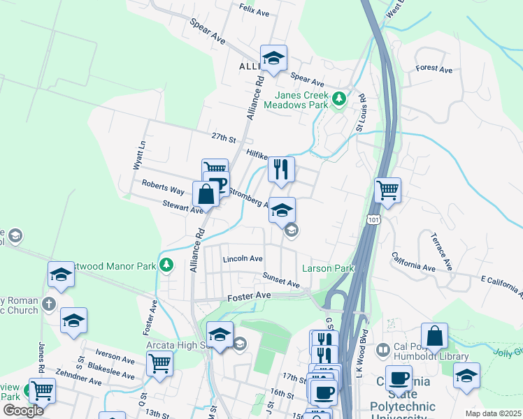 map of restaurants, bars, coffee shops, grocery stores, and more near 1444 Stromberg Avenue in Arcata