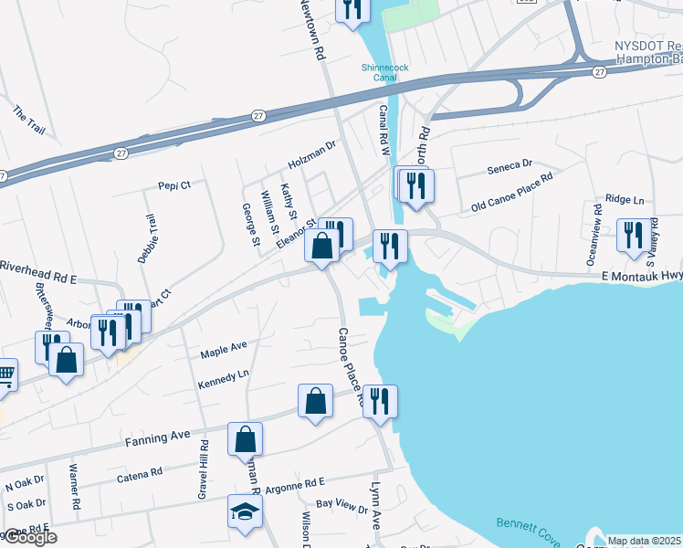 map of restaurants, bars, coffee shops, grocery stores, and more near 258 East Montauk Highway in Hampton Bays