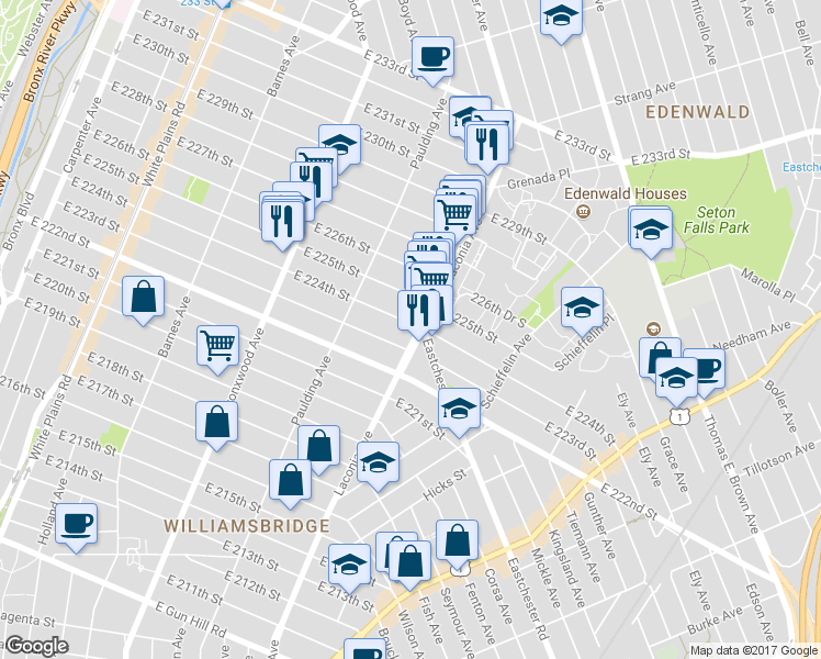 map of restaurants, bars, coffee shops, grocery stores, and more near 3963 Laconia Avenue in The Bronx