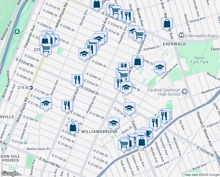 map of restaurants, bars, coffee shops, grocery stores, and more near 1037 East 224th Street in Bronx