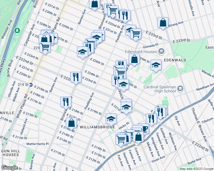 map of restaurants, bars, coffee shops, grocery stores, and more near 1037 East 224th Street in Bronx