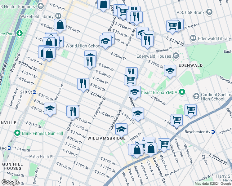 map of restaurants, bars, coffee shops, grocery stores, and more near 1037 East 224th Street in Bronx