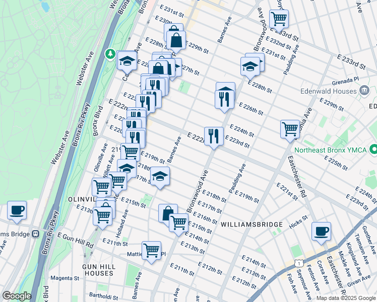 map of restaurants, bars, coffee shops, grocery stores, and more near 819 East 221st Street in Bronx