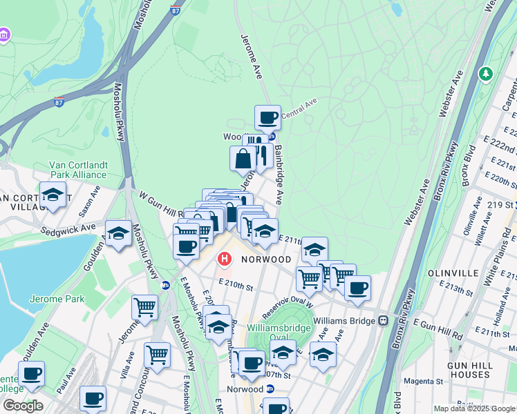 map of restaurants, bars, coffee shops, grocery stores, and more near 3563 Dekalb Avenue in The Bronx