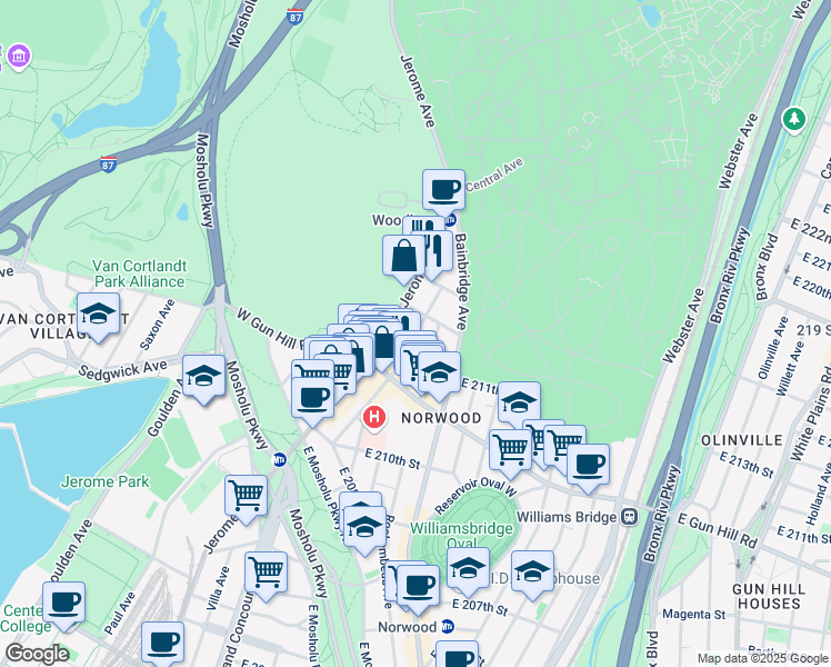 map of restaurants, bars, coffee shops, grocery stores, and more near 3563 Dekalb Avenue in The Bronx