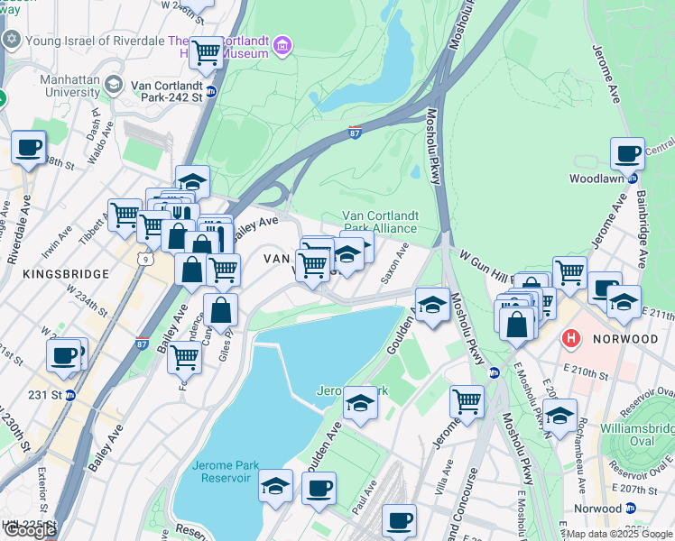 map of restaurants, bars, coffee shops, grocery stores, and more near 3985 Gouverneur Avenue in Bronx