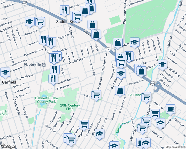 map of restaurants, bars, coffee shops, grocery stores, and more near 52 Highland Avenue in Garfield