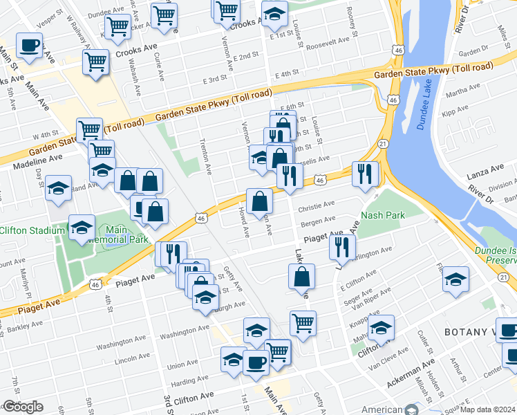 map of restaurants, bars, coffee shops, grocery stores, and more near 188 Trimble Avenue in Clifton