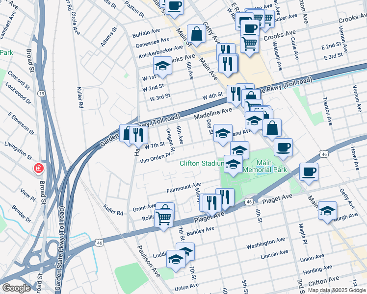map of restaurants, bars, coffee shops, grocery stores, and more near 24 6th Avenue in Clifton