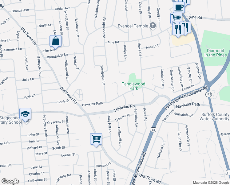 map of restaurants, bars, coffee shops, grocery stores, and more near 10 White Oak Court in Coram