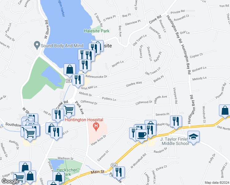 map of restaurants, bars, coffee shops, grocery stores, and more near 61 Abbott Drive in Halesite