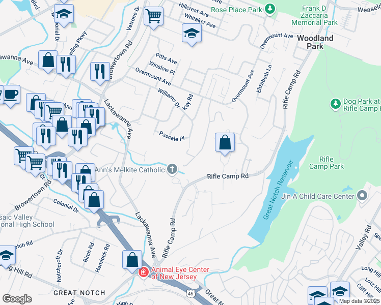map of restaurants, bars, coffee shops, grocery stores, and more near 14 Pascale Place in Woodland Park