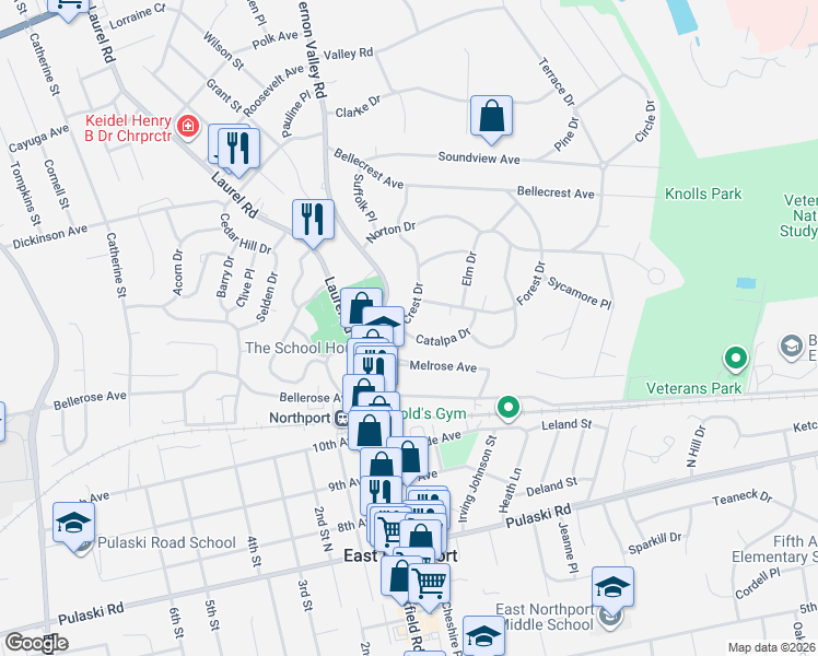 map of restaurants, bars, coffee shops, grocery stores, and more near 15 Crest Drive in East Northport