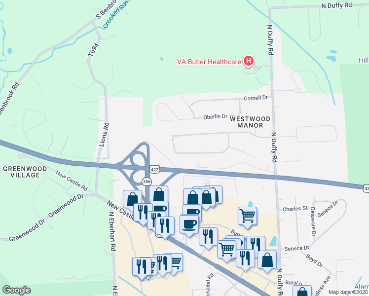 map of restaurants, bars, coffee shops, grocery stores, and more near 133 Westwood Manor in Butler