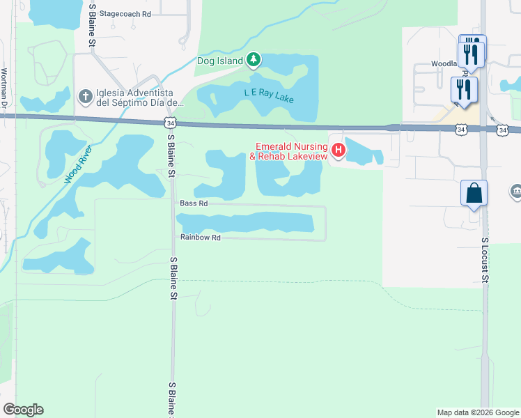 map of restaurants, bars, coffee shops, grocery stores, and more near 1500-2298 Bass Road in Grand Island
