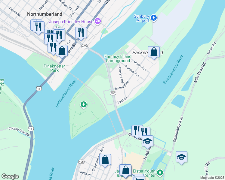 map of restaurants, bars, coffee shops, grocery stores, and more near 201 Bridge Avenue in Sunbury