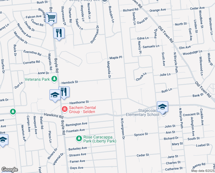 map of restaurants, bars, coffee shops, grocery stores, and more near 28 Hemlock Street in Selden