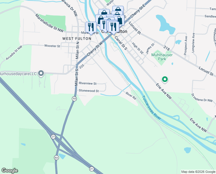 map of restaurants, bars, coffee shops, grocery stores, and more near 351 Riverview Street in Canal Fulton