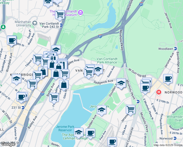 map of restaurants, bars, coffee shops, grocery stores, and more near in The Bronx