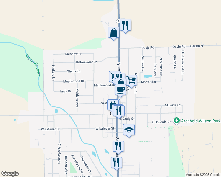 map of restaurants, bars, coffee shops, grocery stores, and more near 101-423 Heyerlys Drive in Ossian