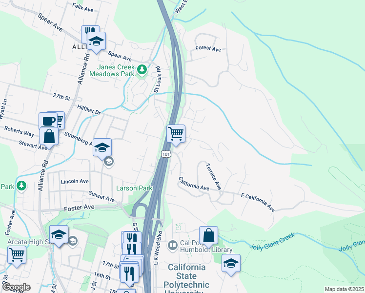 map of restaurants, bars, coffee shops, grocery stores, and more near 2770 L K Wood Boulevard in Arcata