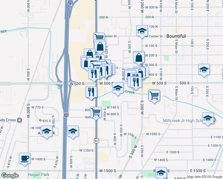 map of restaurants, bars, coffee shops, grocery stores, and more near 379-385 W 500 S in Bountiful