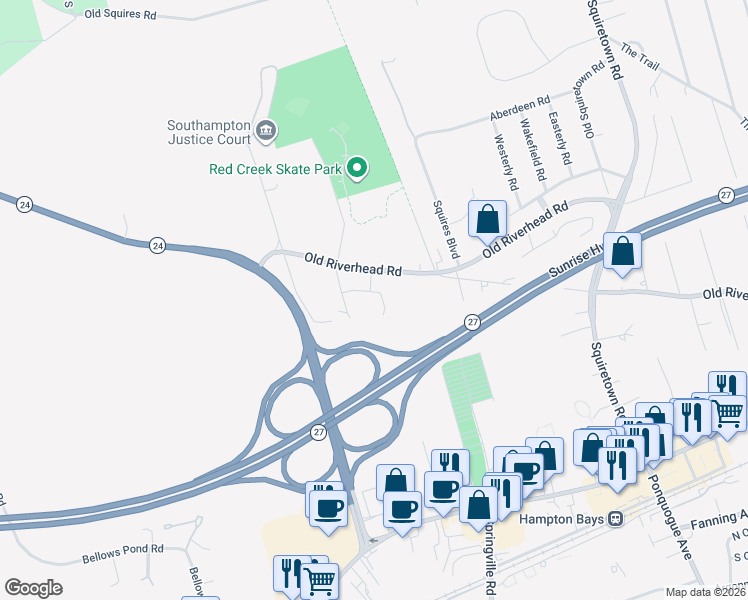 map of restaurants, bars, coffee shops, grocery stores, and more near in Hampton Bays