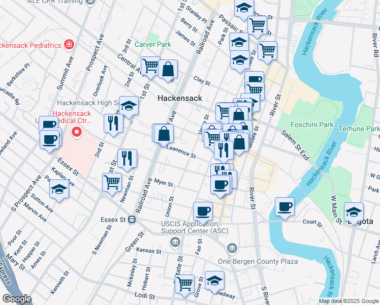 map of restaurants, bars, coffee shops, grocery stores, and more near 159 Union Street in Hackensack