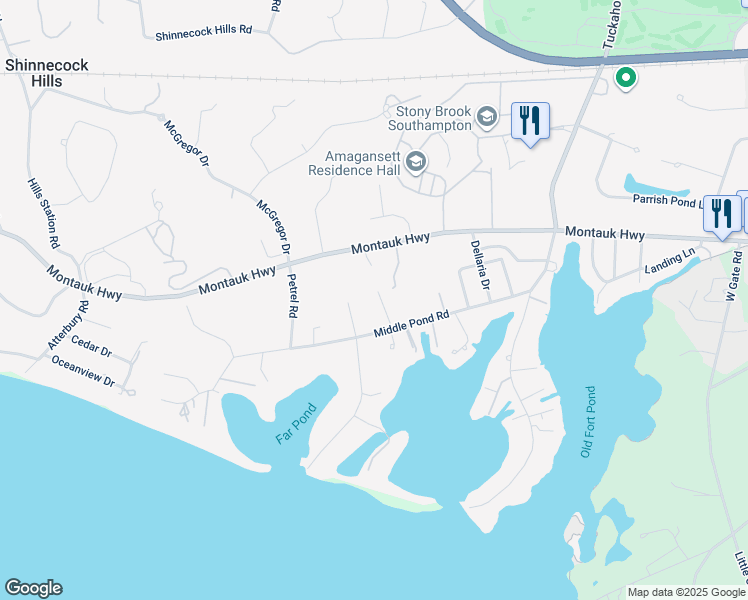 map of restaurants, bars, coffee shops, grocery stores, and more near 71 Middle Pond Road in Southampton