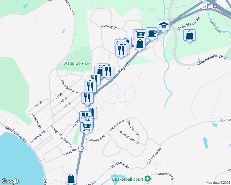 map of restaurants, bars, coffee shops, grocery stores, and more near 95 U.S. 46 in Mount Olive
