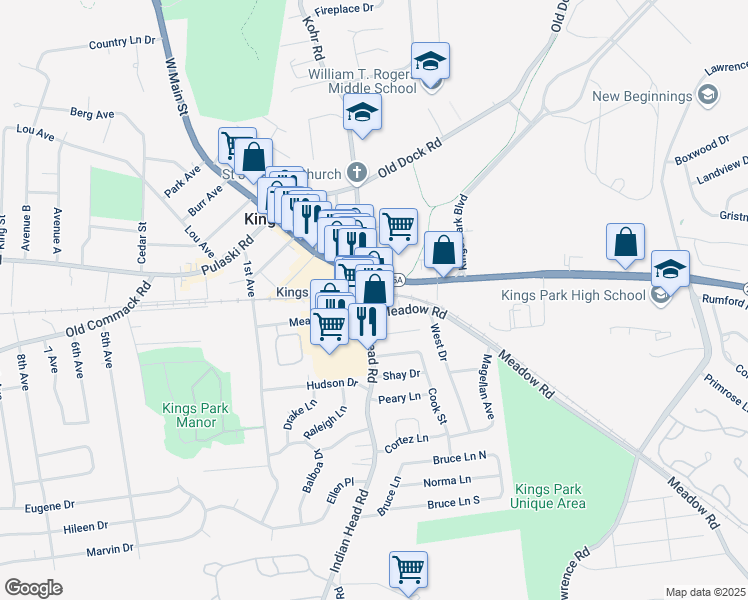 map of restaurants, bars, coffee shops, grocery stores, and more near in Kings Park