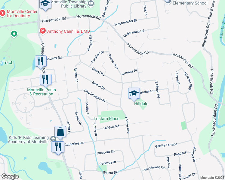 map of restaurants, bars, coffee shops, grocery stores, and more near 3 Cheryl Road in Montville