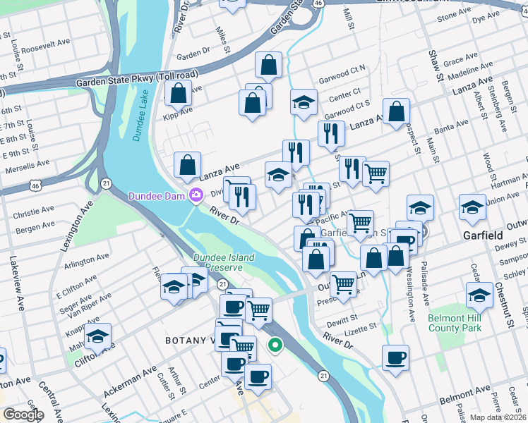 map of restaurants, bars, coffee shops, grocery stores, and more near 17 John Street in Garfield