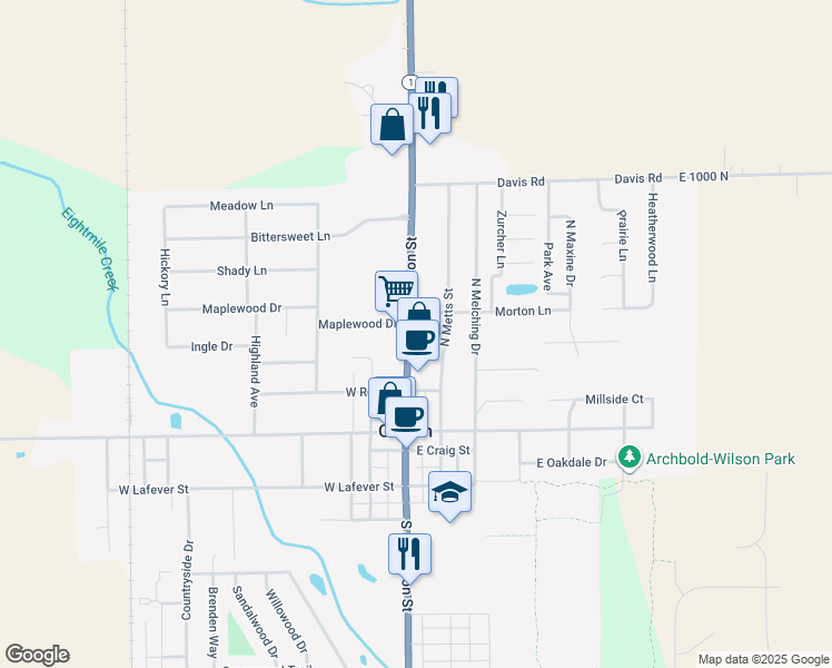 map of restaurants, bars, coffee shops, grocery stores, and more near 101 Heyerlys Drive in Ossian