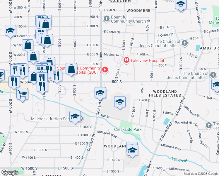 map of restaurants, bars, coffee shops, grocery stores, and more near 452 500 South in Bountiful