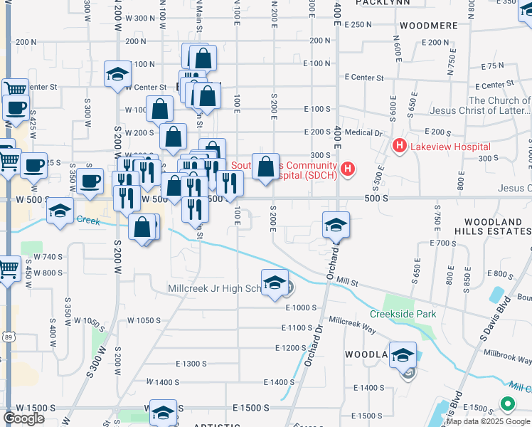 map of restaurants, bars, coffee shops, grocery stores, and more near 537 South 200 East in Bountiful