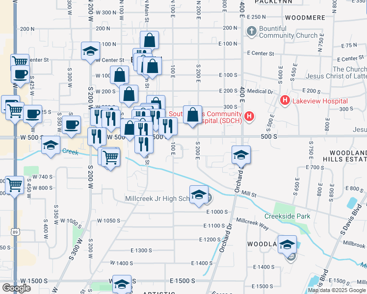 map of restaurants, bars, coffee shops, grocery stores, and more near 132 500 South in Bountiful
