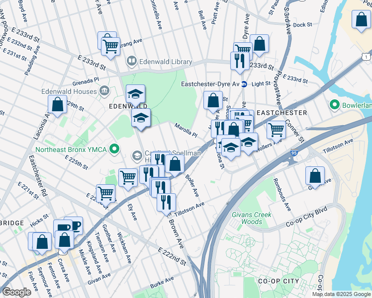 map of restaurants, bars, coffee shops, grocery stores, and more near 3605 Pratt Avenue in The Bronx
